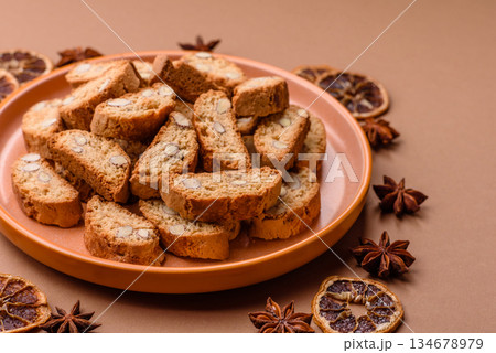 Italian cantuccini cookies with almonds, a sweet biscuit dessert. Cantuccini cookies 134678979