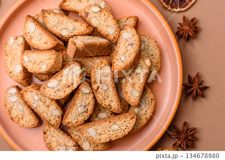 Italian cantuccini cookies with almonds, a sweet biscuit dessert. Cantuccini cookies Italian cantuccini cookies with almonds, a sweet biscuit dessert. Cantuccini cookies 134678980