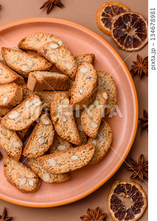 Italian cantuccini cookies with almonds, a sweet biscuit dessert. Cantuccini cookies 134678981