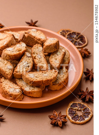 Italian cantuccini cookies with almonds, a sweet biscuit dessert. Cantuccini cookies Italian cantuccini cookies with almonds, a sweet biscuit dessert. Cantuccini cookies 134678982