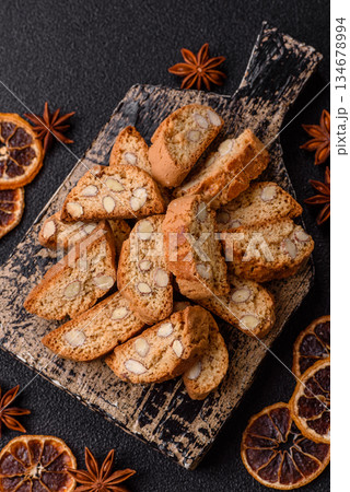 Italian cantuccini cookies with almonds, a sweet biscuit dessert. Cantuccini cookies Italian cantuccini cookies with almonds, a sweet biscuit dessert. Cantuccini cookies 134678994