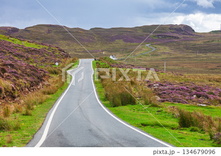 Winding rural road through heather moorland Isle of Skye Scotland 134679096