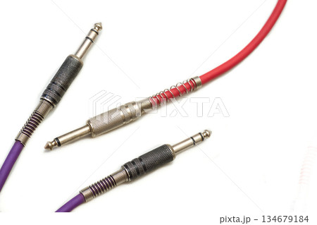 Sound connection.Cables with metalic jacks.Electric guitar,sound equipment 134679184