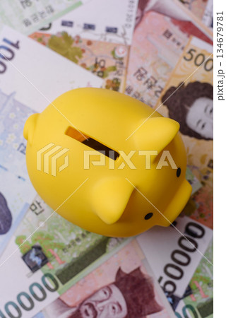 Korean paper money, won, and cash banknotes for financial transactions. Korean money Korean paper money, won, and cash banknotes for financial transactions. Korean money 134679781
