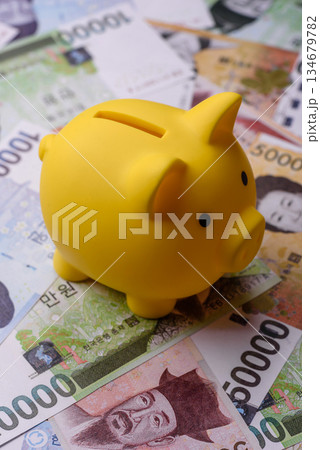 Korean paper money, won, and cash banknotes for financial transactions. Korean money Korean paper money, won, and cash banknotes for financial transactions. Korean money 134679782