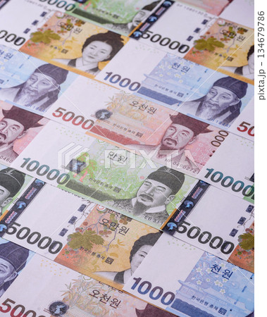 Korean paper money, won, and cash banknotes for financial transactions. Korean money Korean paper money, won, and cash banknotes for financial transactions. Korean money 134679786