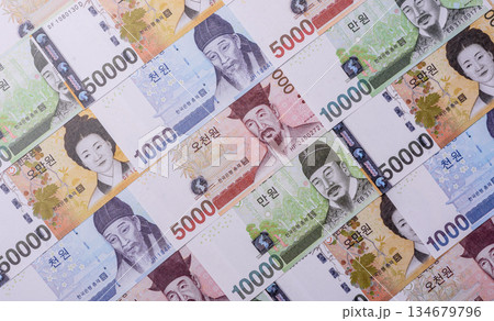 Korean paper money, won, and cash banknotes for financial transactions. Korean money 134679796