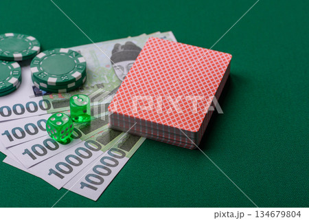Casino game in the South Korea, won money, chips, cards. Gambling in casinos in the Korea 134679804