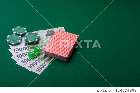 Casino game in the South Korea, won money, chips, cards. Gambling in casinos in the Korea 134679808