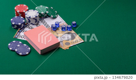 Casino game in the South Korea, won money, chips, cards. Gambling in casinos in the Korea 134679820