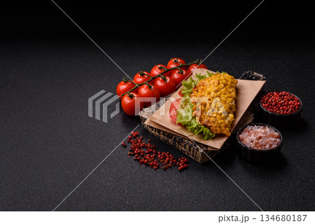 Mexican corn tortilla tacos with tuna, chicken, or beef. Corn tacos as a background 134680187