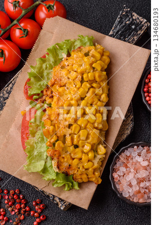 Mexican corn tortilla tacos with tuna, chicken, or beef. Corn tacos as a background Mexican corn tortilla tacos with tuna, chicken, or beef. Corn tacos as a background 134680193