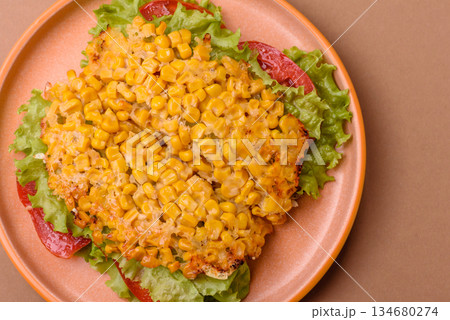 Mexican corn tortilla tacos with tuna, chicken, or beef. Corn tacos as a background 134680274