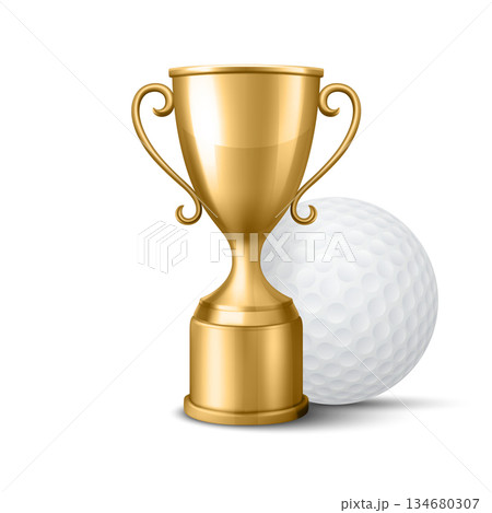 Vector 3d Golf Trophy Cup. Gold Trophy with Golf Ball Vector Illustration. Realistic 3D Winner Award for Championship, Tournament Prize, Sports Victory Symbol Isolated. Trophy, Champion Cup Vector 3d Golf Trophy Cup. Gold Trophy with Golf Ball Vector Illustration. Realistic 3D Winner Award for Championship, Tournament Prize, Sports Victory Symbol Isolated. Trophy, Champion Cup 134680307