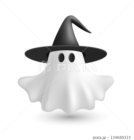 Vector 3d Ghost with Witch Hat. Cute Simple White Ghost Vector Illustration. Halloween Ghost Character with Black Wizard Hat and Floating Sheet, Isolated. Design Template for Halloween Vector 3d Ghost with Witch Hat. Cute Simple White Ghost Vector Illustration. Halloween Ghost Character with Black Wizard Hat and Floating Sheet, Isolated. Design Template for Halloween 134680313