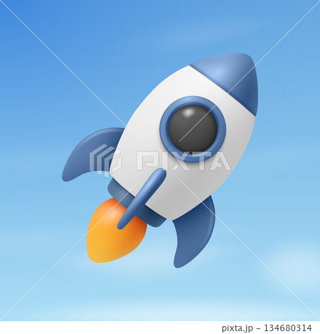 Vector 3d Blue and White Rocket Launch on a Blue Sky Background. Rocket Startup, Rocket Ship with Flame for Startup, Product Launch, Space, Mission Concept 134680314