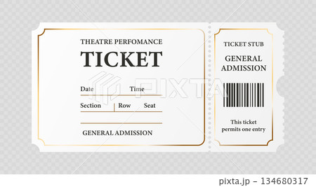Vector Realistic Paper Event Ticket Template. Retro Cinema or Theater Ticket Template. Movie, Performance, Festival Concept. Admission Pass, Classic Entertainment Vintage Ticket 134680317