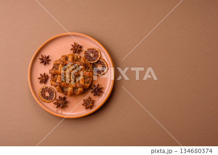 Apple or pumpkin pie or tart is a sweet American autumn treat. American apple pie Apple or pumpkin pie or tart is a sweet American autumn treat. American apple pie 134680374