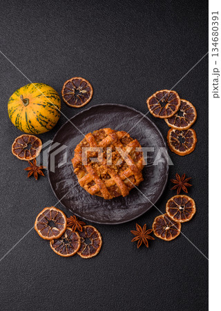 Apple or pumpkin pie or tart is a sweet American autumn treat. American apple pie 134680391