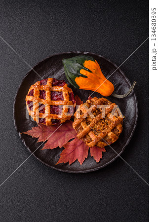 Cherry or strawberry sweet American Christmas pie or tart. American cherry pie 134680395