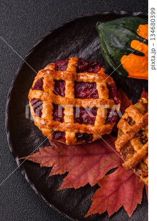 Cherry or strawberry sweet American Christmas pie or tart. American cherry pie 134680399