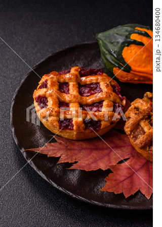 Cherry or strawberry sweet American Christmas pie or tart. American cherry pie 134680400