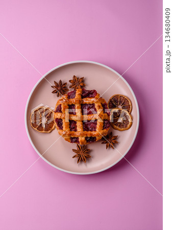 Cherry or strawberry sweet American Christmas pie or tart. American cherry pie 134680409