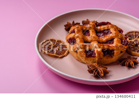 Cherry or strawberry sweet American Christmas pie or tart. American cherry pie Cherry or strawberry sweet American Christmas pie or tart. American cherry pie 134680411