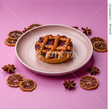 Cherry or strawberry sweet American Christmas pie or tart. American cherry pie Cherry or strawberry sweet American Christmas pie or tart. American cherry pie 134680420