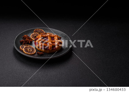 Cherry or strawberry sweet American Christmas pie or tart. American cherry pie 134680433