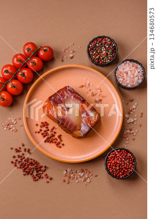 Tuna and salmon roll, smoked fish. Tuna and salmon roll as a food background 134680573