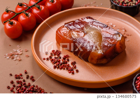 Tuna and salmon roll, smoked fish. Tuna and salmon roll as a food background 134680575