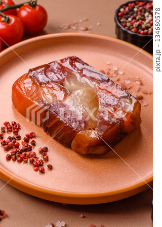 Tuna and salmon roll, smoked fish. Tuna and salmon roll as a food background 134680578