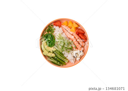 A prawn or shrimp bowl with rice, tomatoes, sauce, and vegetables, Asian food. Prawn or shrimp A prawn or shrimp bowl with rice, tomatoes, sauce, and vegetables, Asian food. Prawn or shrimp 134681071