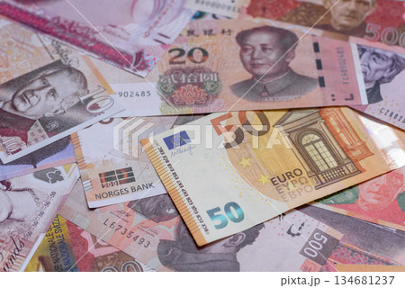 Money background, currency exchange, paper banknotes from different countries. Money cash currency Money background, currency exchange, paper banknotes from different countries. Money cash currency 134681237