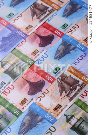 Money, currency of Norway, Norwegian krone banknotes. Norway, Norwegian money 134681477