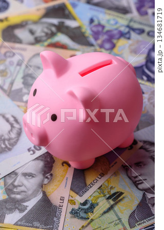 Money, currency of Romania, Romanian leu banknotes of various denominations. Romania, Romanian money Money, currency of Romania, Romanian leu banknotes of various denominations. Romania, Romanian money 134681719
