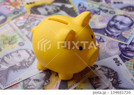 Money, currency of Romania, Romanian leu banknotes of various denominations. Romania, Romanian money Money, currency of Romania, Romanian leu banknotes of various denominations. Romania, Romanian money 134681720