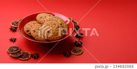 Food, oatmeal chocolate raisin cookies, dessert or breakfast pastry. Oatmeal chocolate cookies Food, oatmeal chocolate raisin cookies, dessert or breakfast pastry. Oatmeal chocolate cookies 134682088