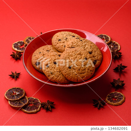 Food, oatmeal chocolate raisin cookies, dessert or breakfast pastry. Oatmeal chocolate cookies 134682091