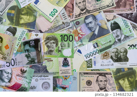 Money background, currency, paper banknotes from different countries. Money cash currency, green 134682321