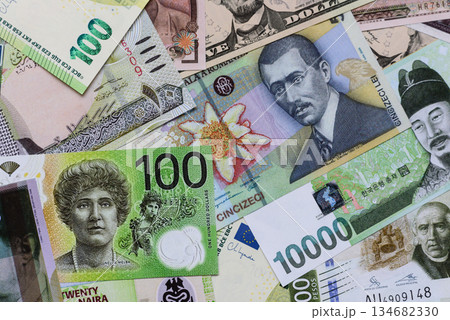 Money background, currency, paper banknotes from different countries. Money cash currency, green 134682330