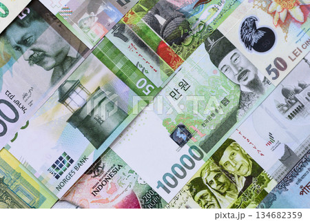 Money background, currency, paper banknotes from different countries. Money cash currency, green 134682359