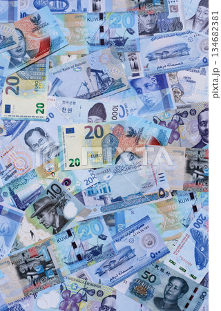 Money background, currency, paper banknotes from different countries. Money cash currency, blue 134682381