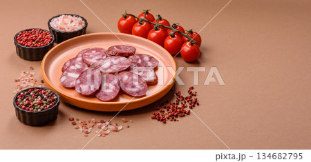 Smoked salami, thin beef or pork sausage, meat snacks. Salami sausage 134682795
