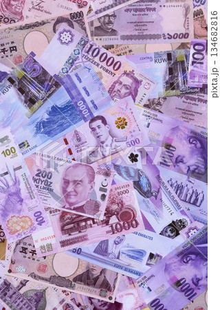 Money background, currency exchange, paper banknotes from different countries. Money cash currency 134682816
