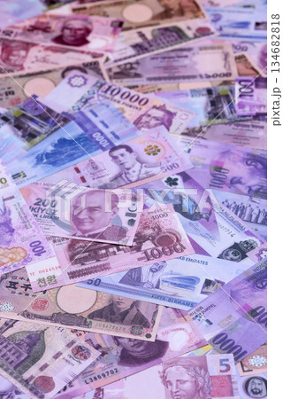 Money background, currency exchange, paper banknotes from different countries. Money cash currency Money background, currency exchange, paper banknotes from different countries. Money cash currency 134682818