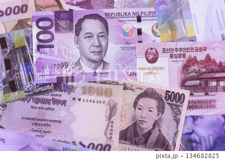 Money background, currency exchange, paper banknotes from different countries. Money cash currency 134682825
