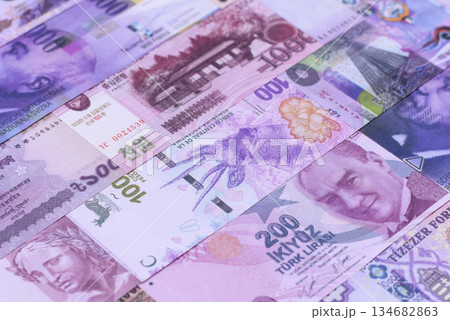 Money background, currency exchange, paper banknotes from different countries. Money cash currency 134682863