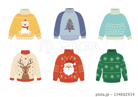 A cute vector collection of six colorful ugly Christmas sweaters with festive designs: Santa, polar bear, reindeer A cute vector collection of six colorful ugly Christmas sweaters with festive designs: Santa, polar bear, reindeer 134682914